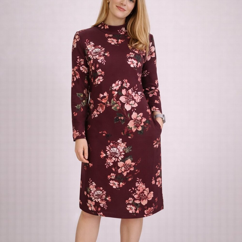 LILY ROSE Women Mandarin Collar Long Sleeve Red Floral MIdi Shift Dress Size XL